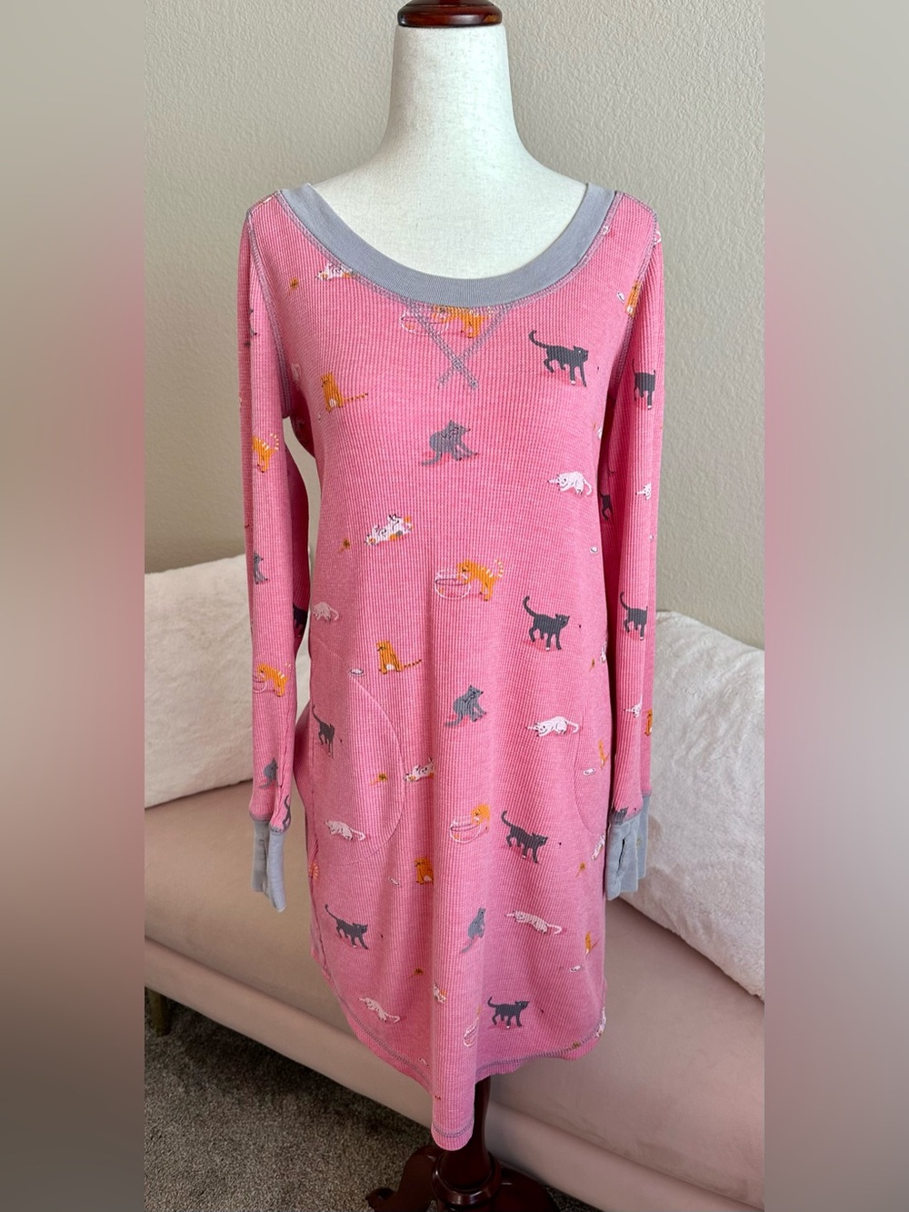 Munki Munki Pink Thermal Cats Pajamas LS Night Shirt Gown Women’s Small Cozy
